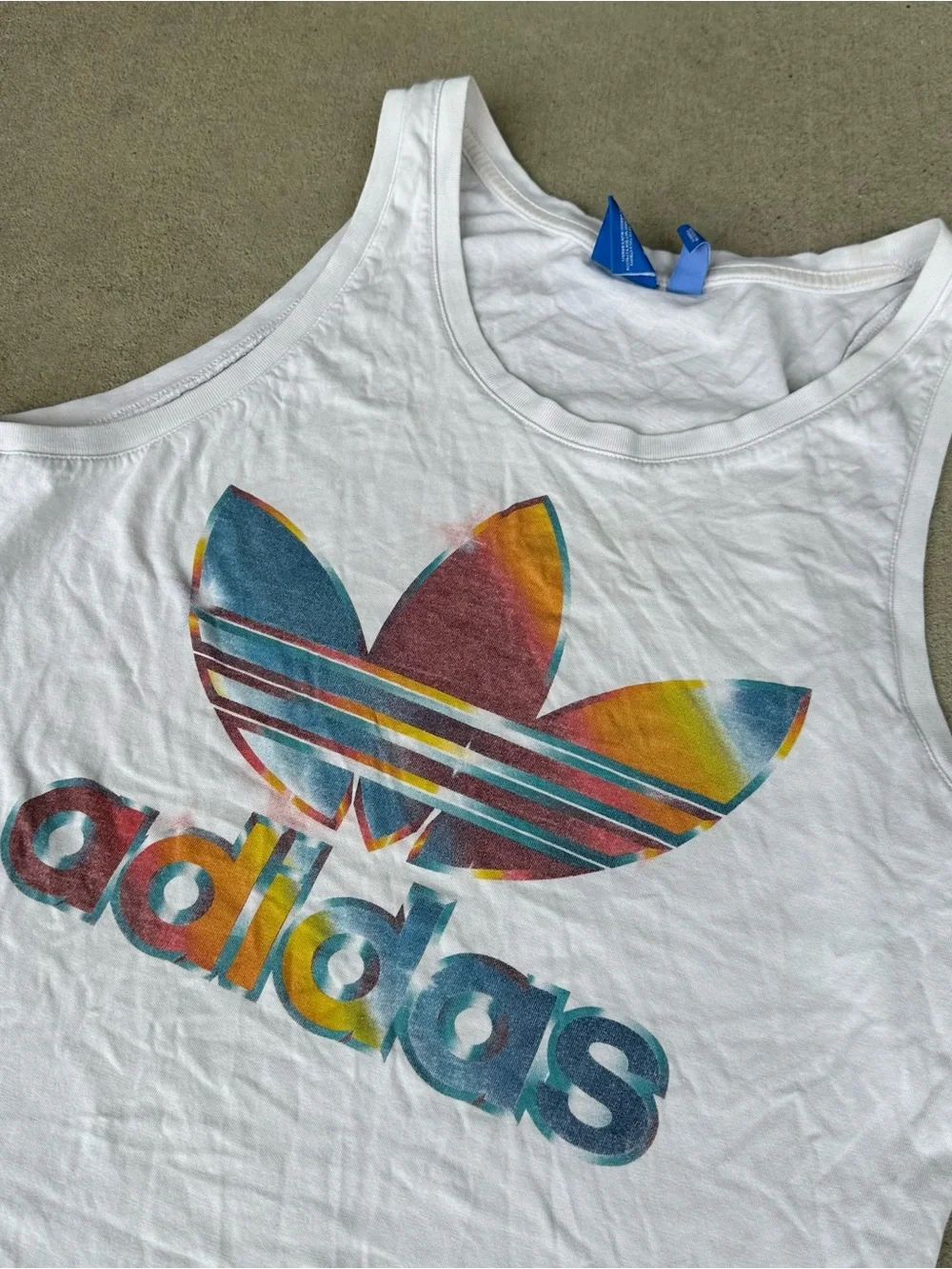 Adidas White Tank Top with Multicolor Trefoil Logo Large